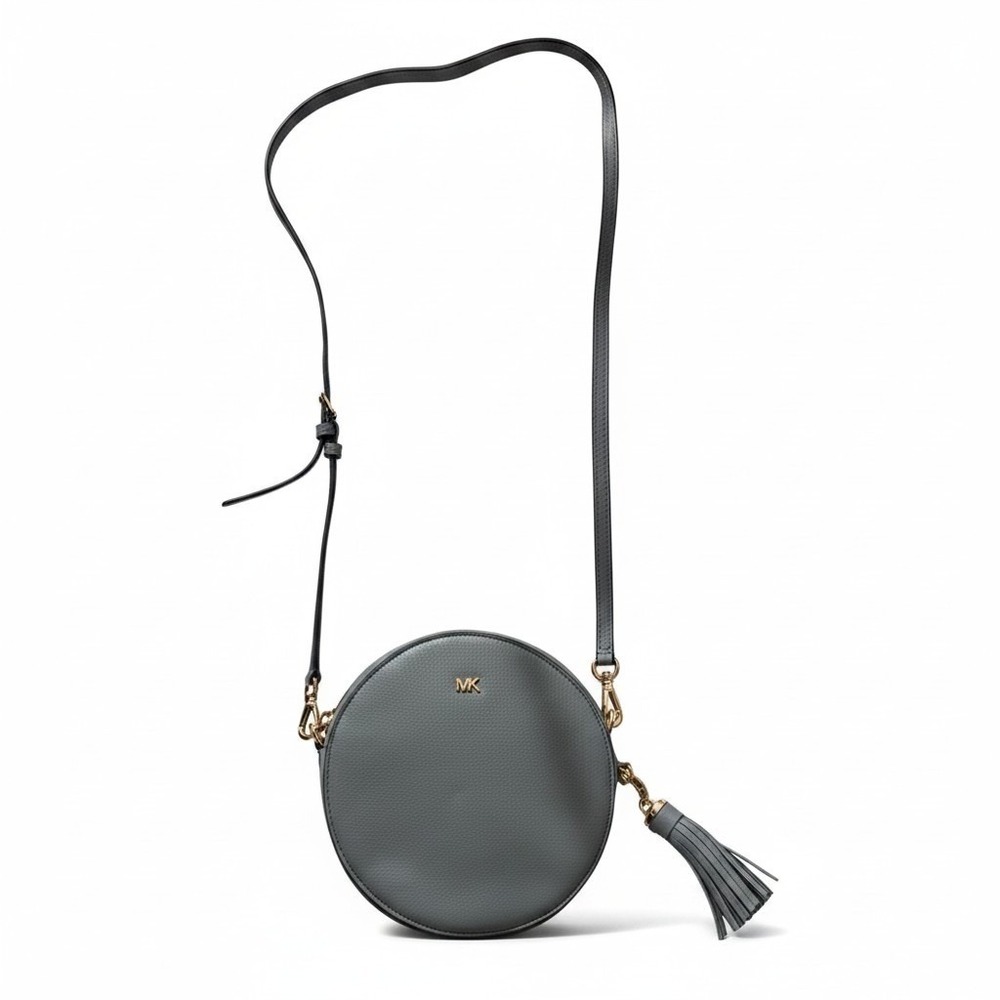Michael Kors Delancey Round Canteen Crossbody Bag Blue Pebbled Leather Tassel